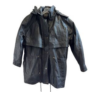 Vtg Men Black Leather Jacket Coat Vented Removeable Faux Fur Liner Hood M Biker